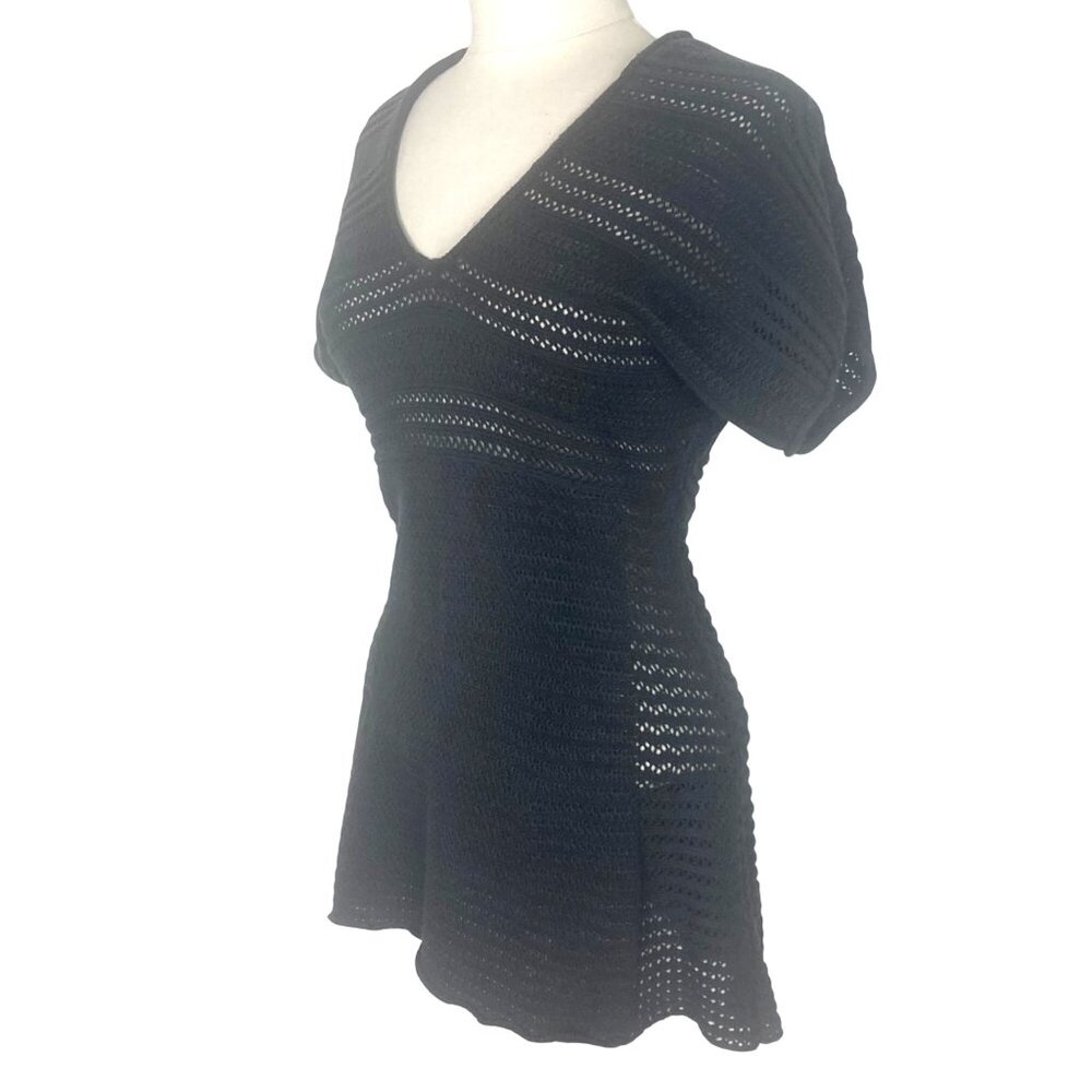 Calvin Klein Crochet Knit Mini Dress Tunic Small Black Cotton Dolman Sleeve Y2K